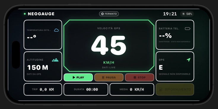 Dashboard reale di NeoGauge su iPhone con velocità GPS, temperatura, altitudine e comandi della sessione