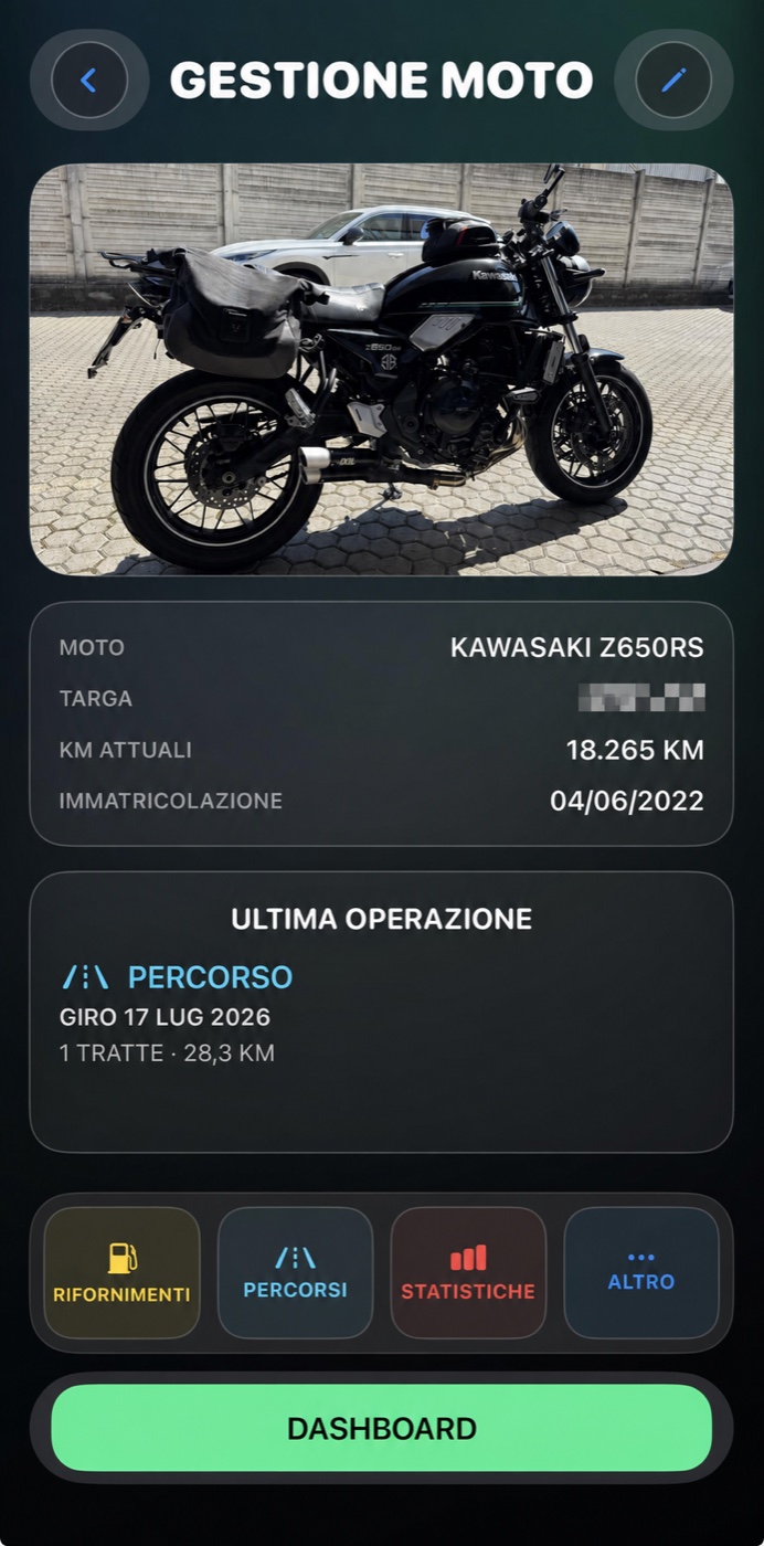 Schermata reale NeoGauge per iPhone con la moto selezionata